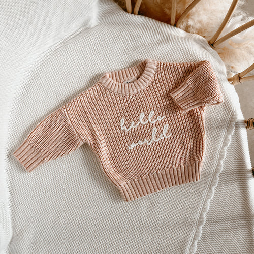 'Hello World' Mini Knit Sweater - Pink Lemonade - Chain Embroidery