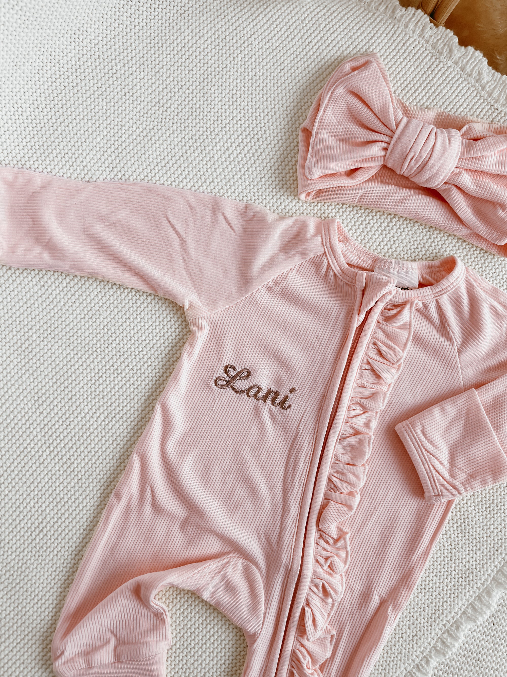 SALE Ribbed Frill Bamboo Zip Growsuit - Peony Pink