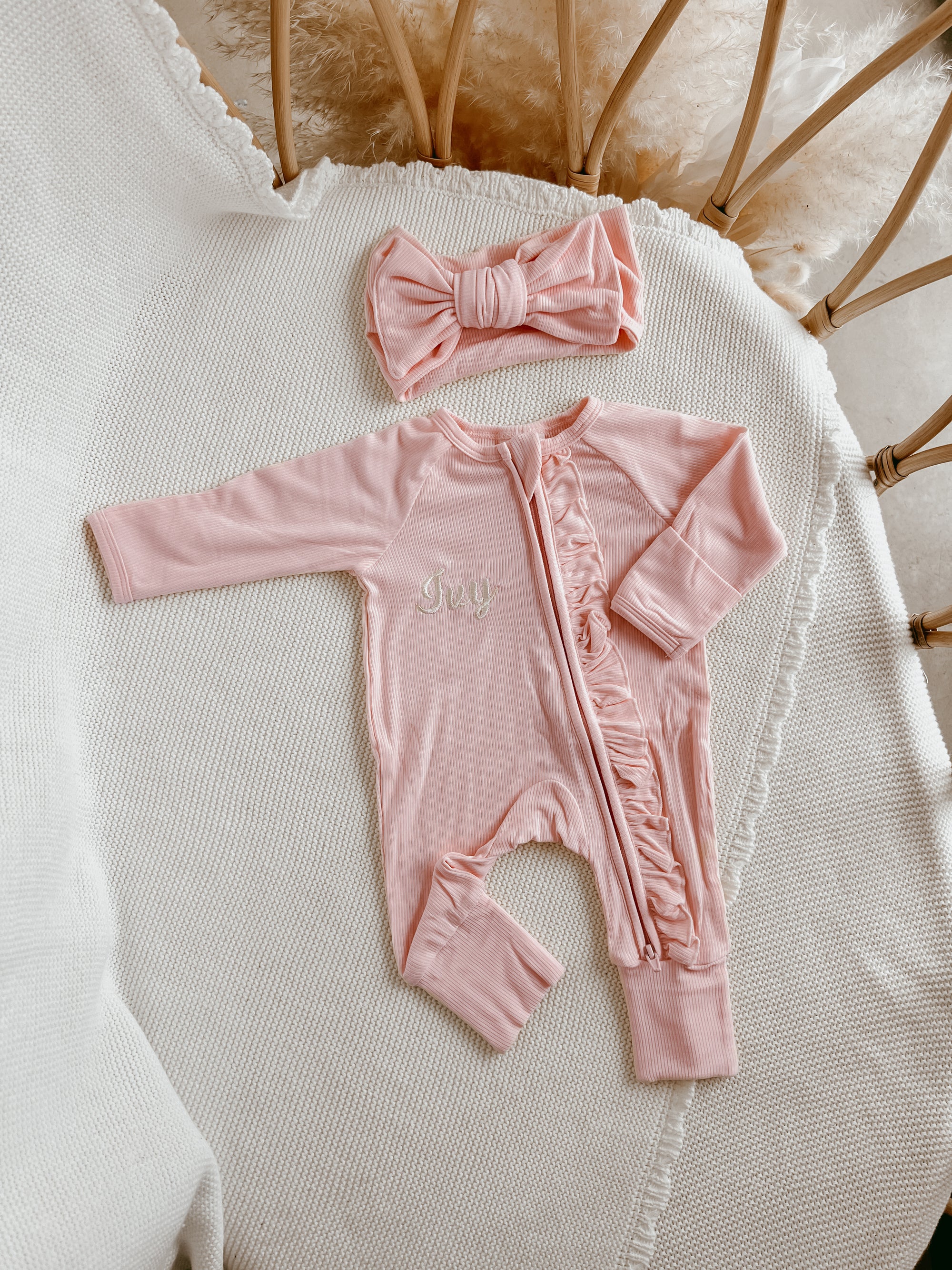 SALE Ribbed Frill Bamboo Zip Growsuit - Peony Pink