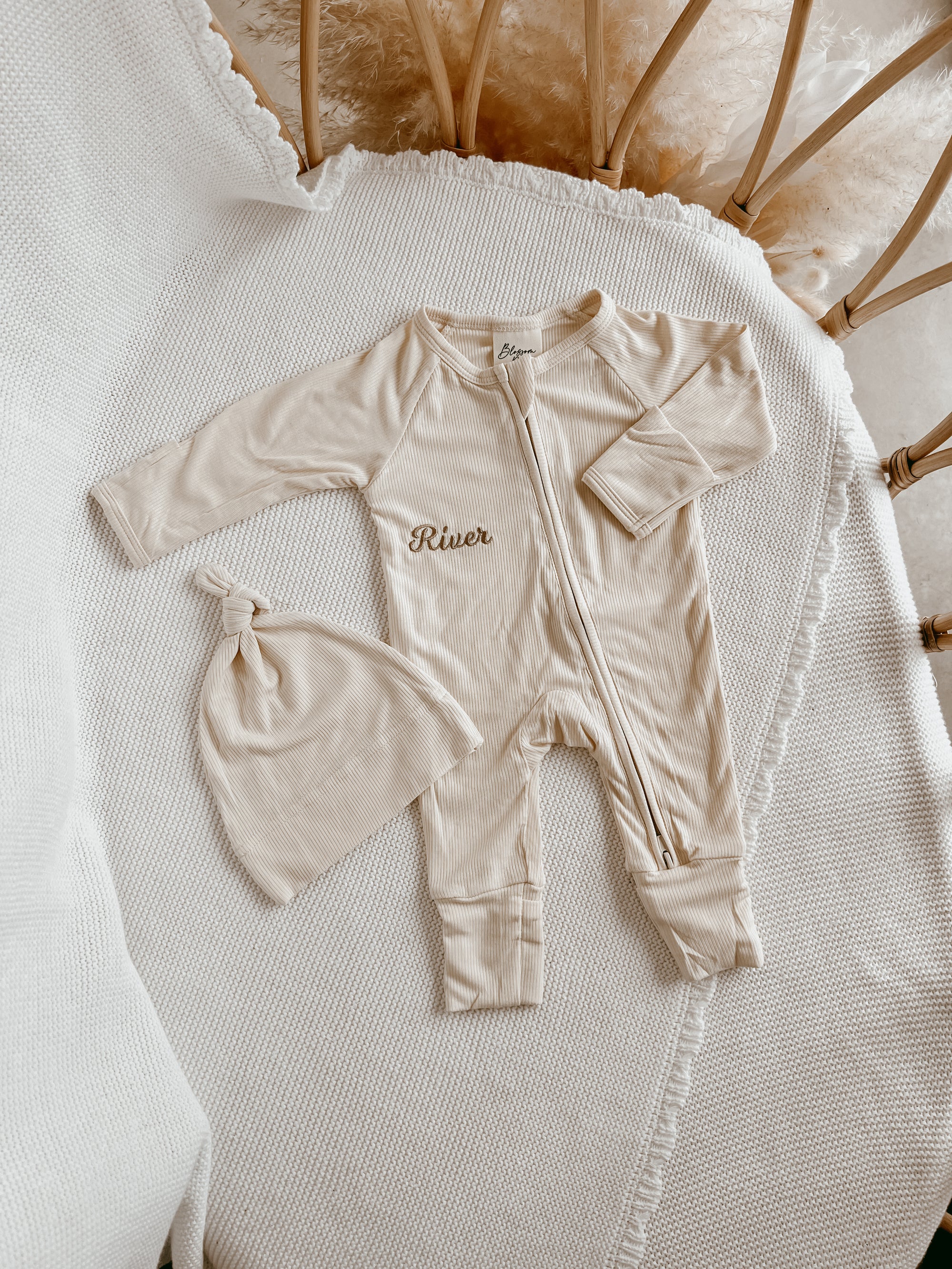 SALE Ribbed Bamboo Zip Growsuit - Vanilla