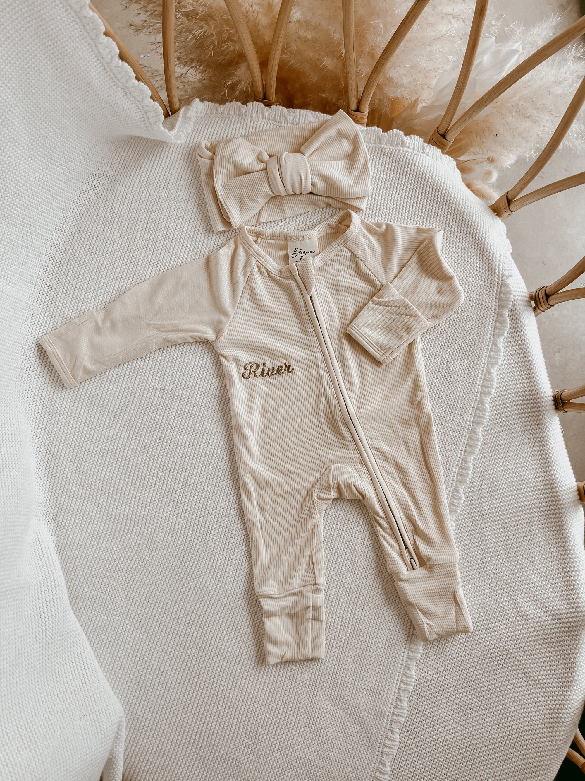 SALE Ribbed Bamboo Zip Growsuit - Vanilla