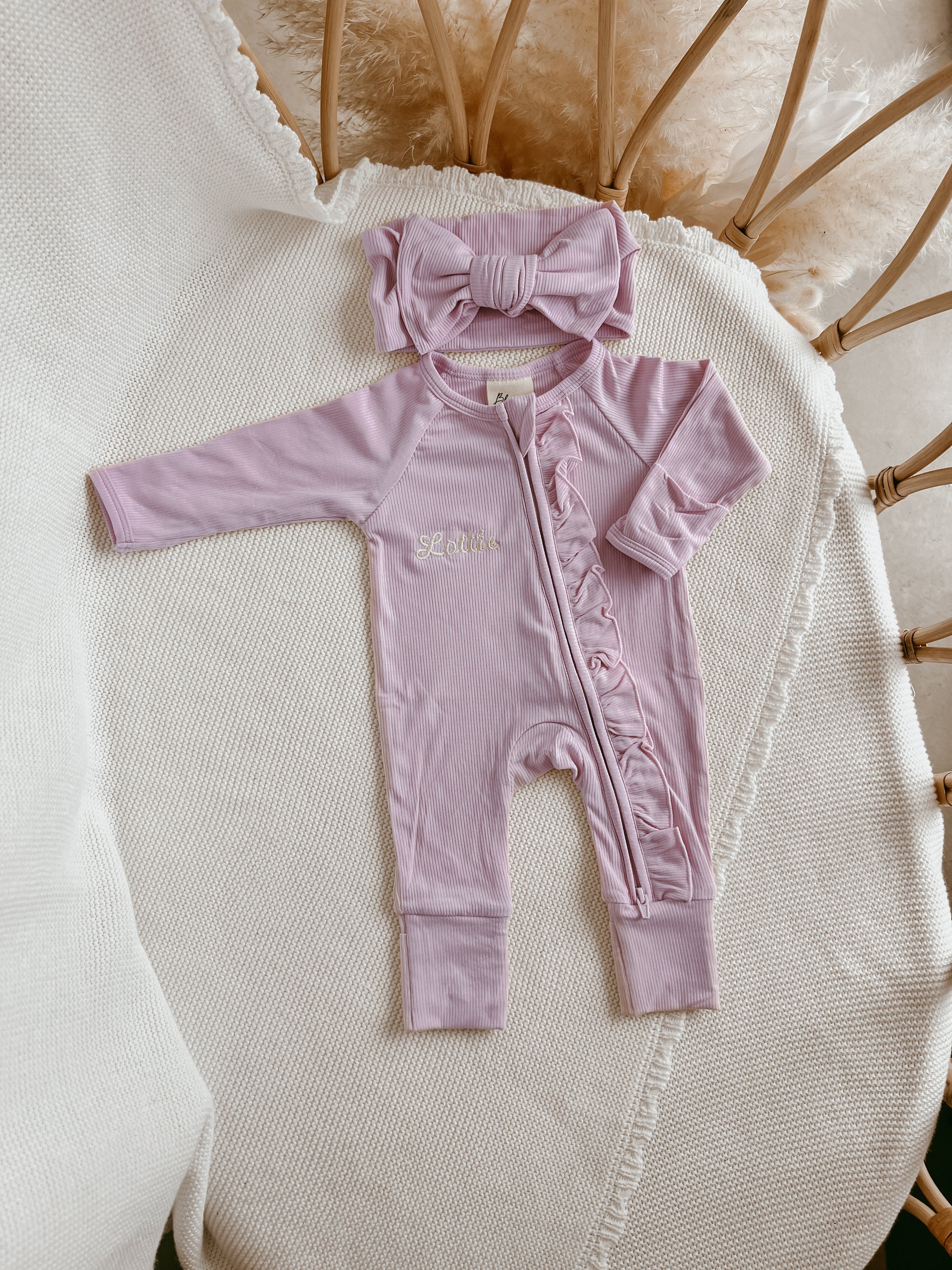 SALE Ribbed Frill Bamboo Zip Growsuit - Violet Purple