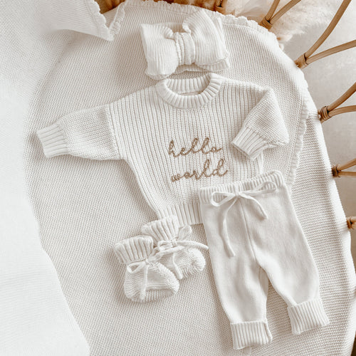 'Hello World' Sweater/Pants/Topknot Bundle - Milk