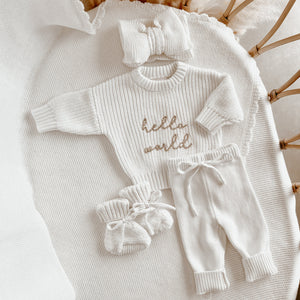 'Hello World' Sweater/Pants/Topknot Bundle - Milk