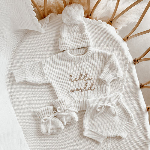 'Hello World' Sweater/Shorties/Beanie Bundle - Milk