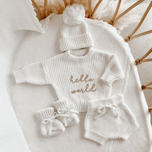 'Hello World' Sweater/Shorties/Beanie Bundle - Milk