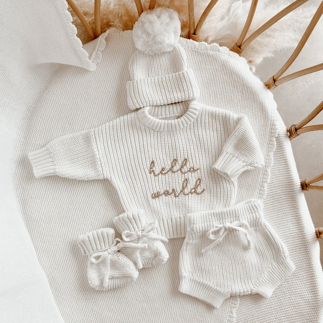 'Hello World' Sweater/Shorties/Beanie Bundle - Milk