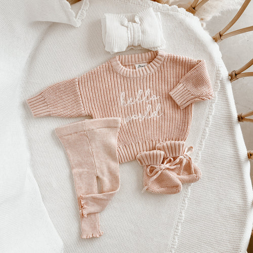'Hello World' Classic Embroidered Sweater/Frill Legging/Topknot Bundle - Pink Lemonade