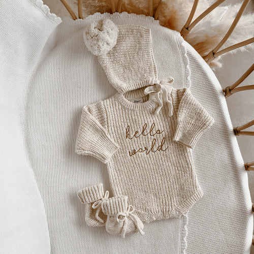 'Hello World' Chunky Knit Romper & Bonnet Bundle - PRE ORDER