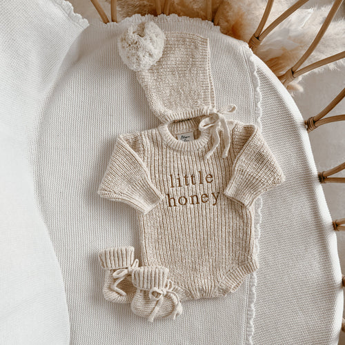 'Little Honey' Chunky Knit Romper & Bonnet Bundle - PRE ORDER