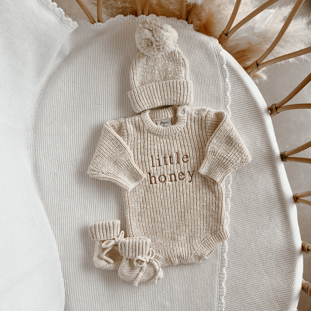 'Little Honey' Chunky Knit Romper & Beanie Bundle
