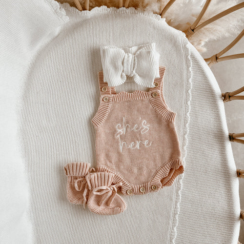 'She's Here' Singlet Romper & Topknot Bundle - Pink Lemonade