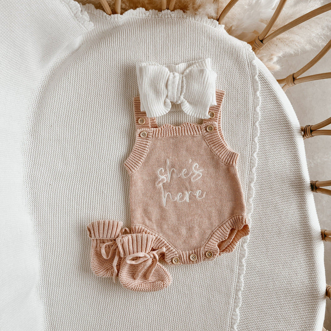'She's Here' Singlet Romper & Topknot Bundle - Pink Lemonade