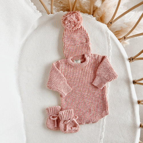 Blush Chunky Knit Romper & Beanie Bundle