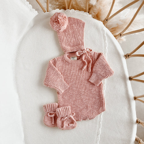 Blush Chunky Knit Romper & Bonnet Bundle