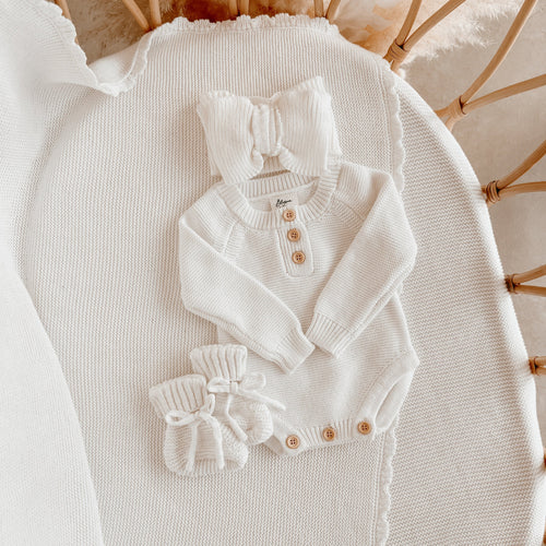 Long Sleeve Knit Romper & Topknot Bundle - Milk