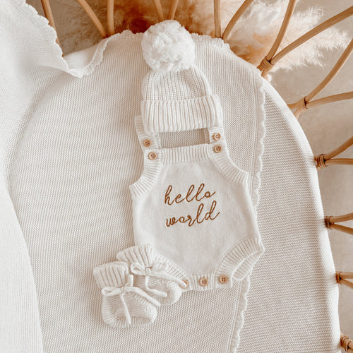 Hello World' Singlet Romper & Beanie Bundle - Milk