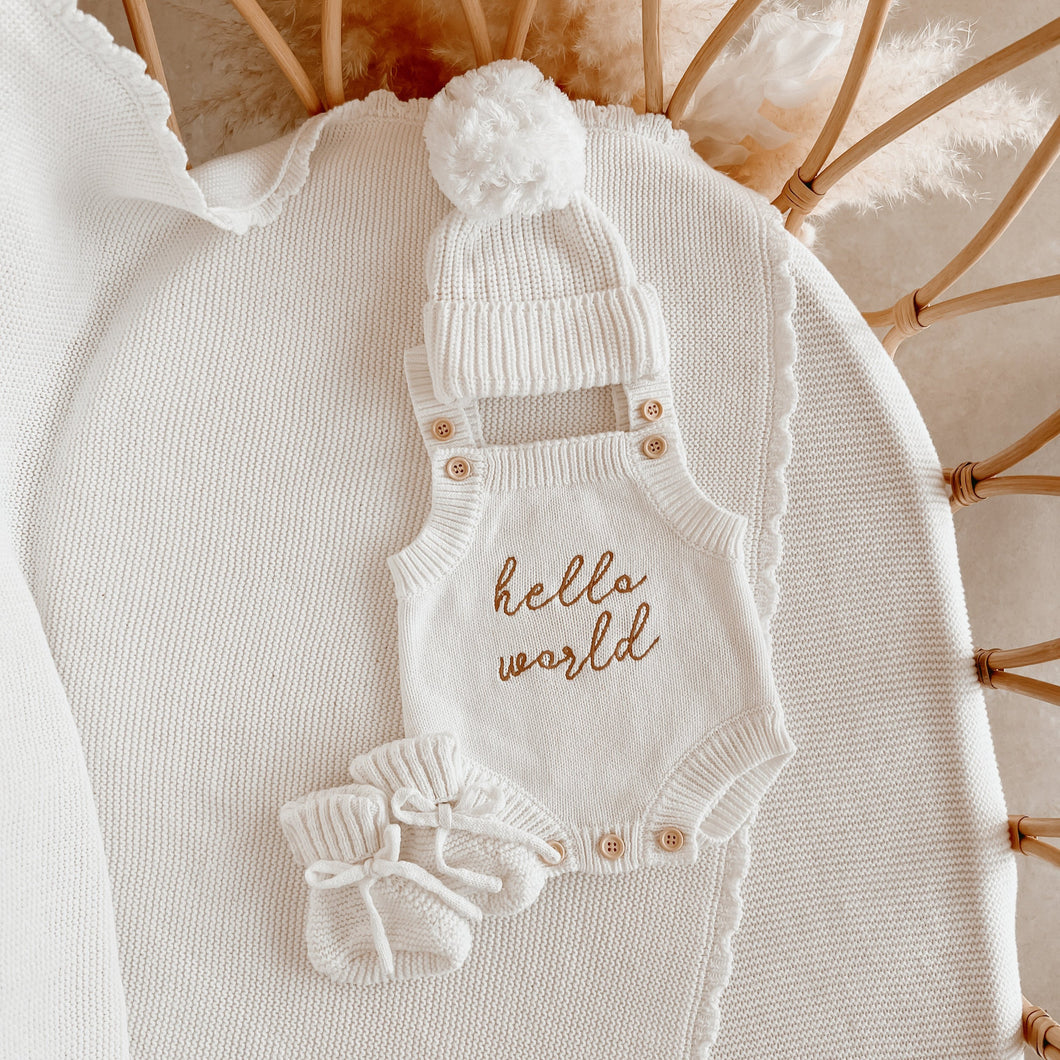 Hello World' Singlet Romper & Beanie Bundle - Milk