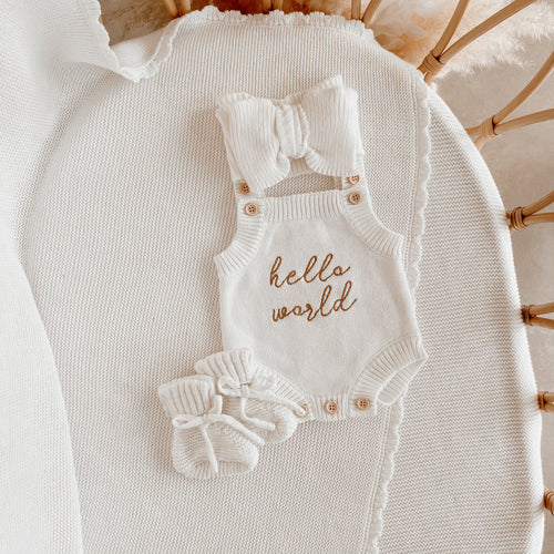 'Hello World' Singlet Romper & Topknot Bundle - Milk