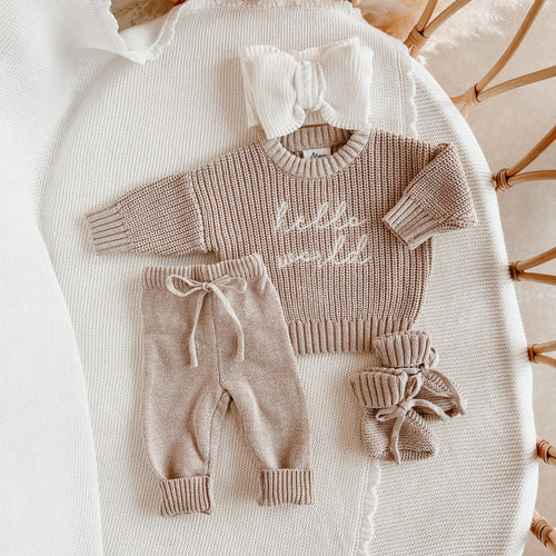 'Hello World' Sweater/Pants/Topknot Bundle - Fawn