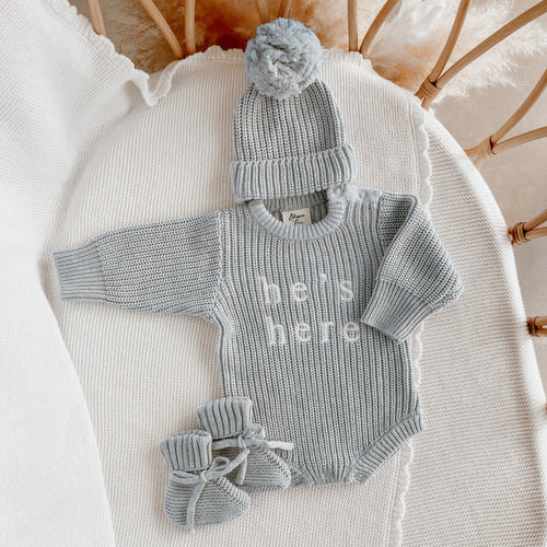 He's Here' Long Sleeve Romper Bundle - Powder Blue