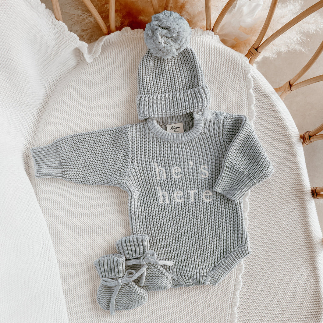 He's Here' Long Sleeve Romper Bundle - Powder Blue