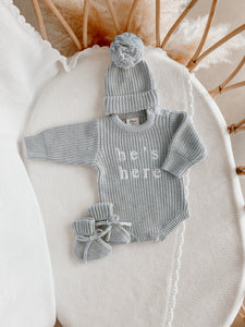 'He's Here' Powder Blue Long Sleeve Knit Romper