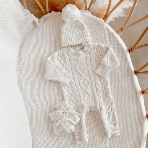 Frankie Cable Knit Romper & Beanie Bundle - Milk