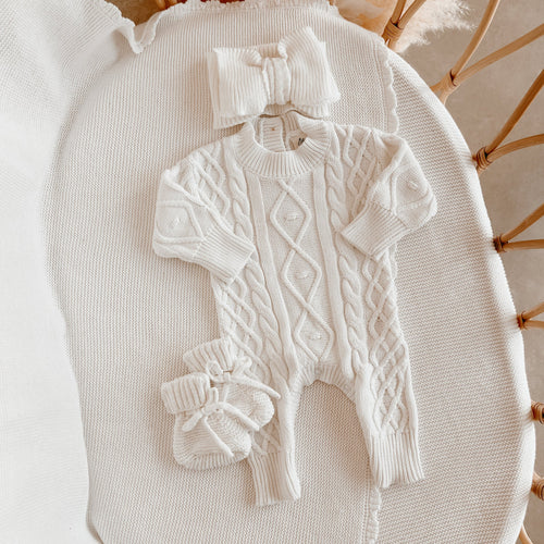 Frankie Cable Knit Romper & Topknot Bundle - Milk