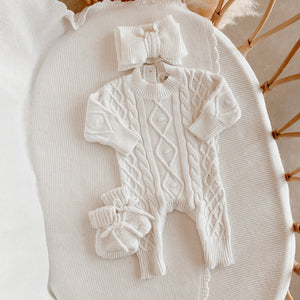 Frankie Cable Knit Romper & Topknot Bundle - Milk