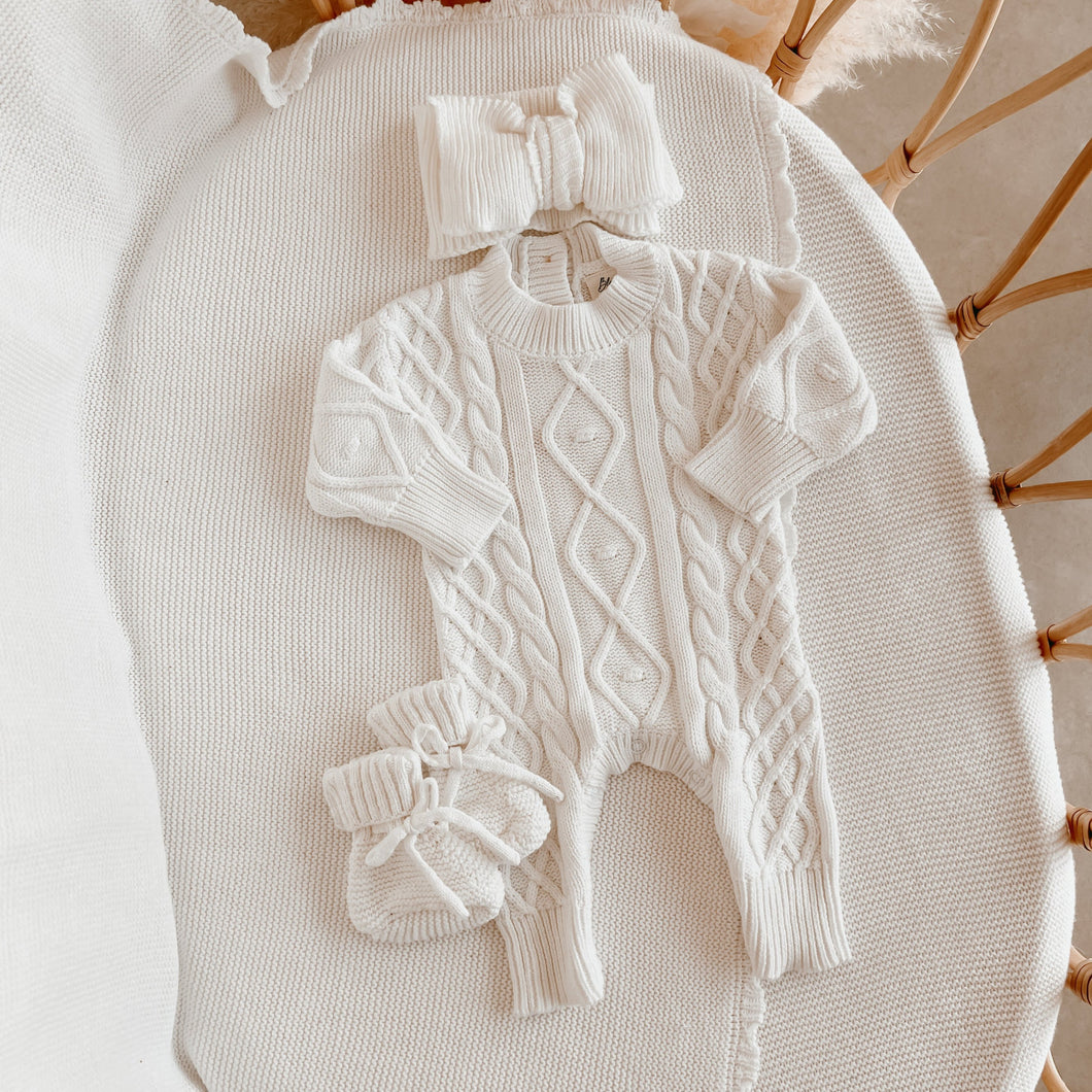 Frankie Cable Knit Romper & Topknot Bundle - Milk