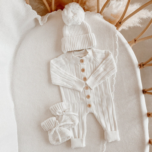Ribbed Knit Romper & Beanie Bundle - Milk