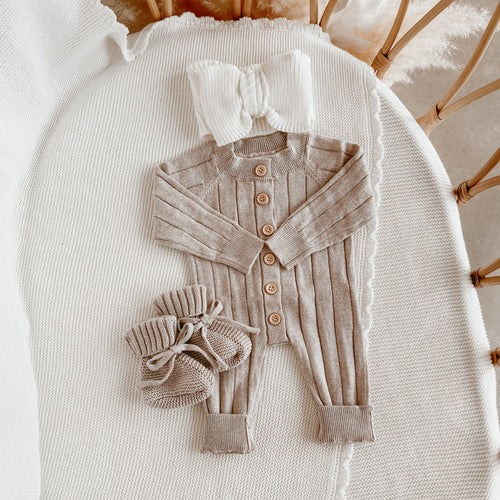 Ribbed Knit Romper & Topknot Bundle - Fawn