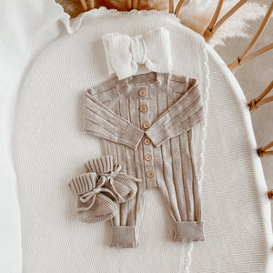 Ribbed Knit Romper & Topknot Bundle - Fawn