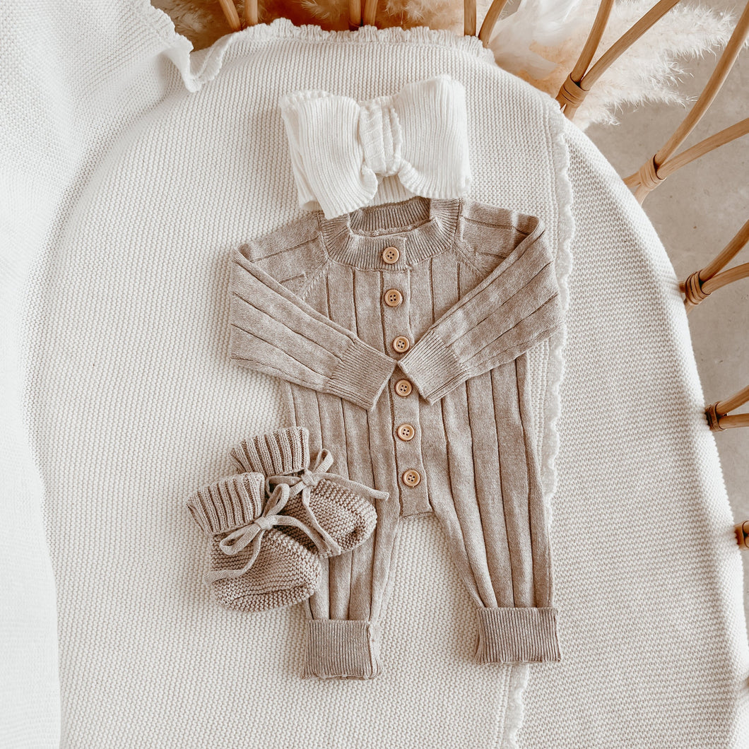 Ribbed Knit Romper & Topknot Bundle - Fawn