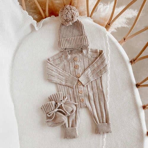 Ribbed Knit Romper & Beanie Bundle - Fawn
