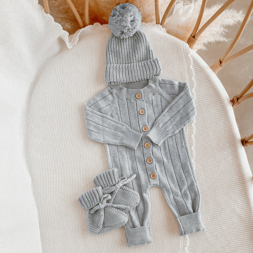 Ribbed Knit Romper & Beanie Bundle - Powder Blue