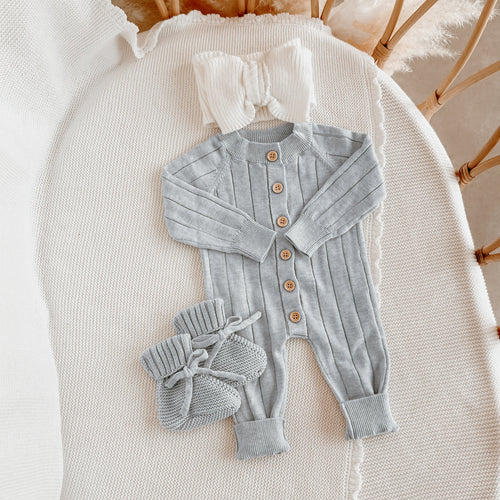 Ribbed Knit Romper & Topknot Bundle - Powder Blue