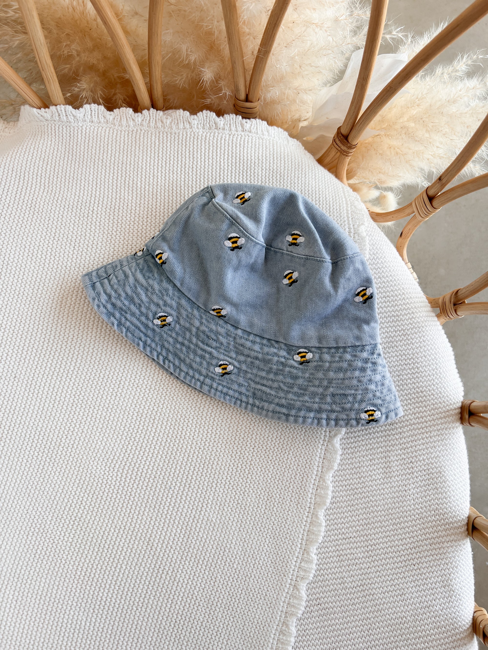 Denim Bee Overall Romper - Blue