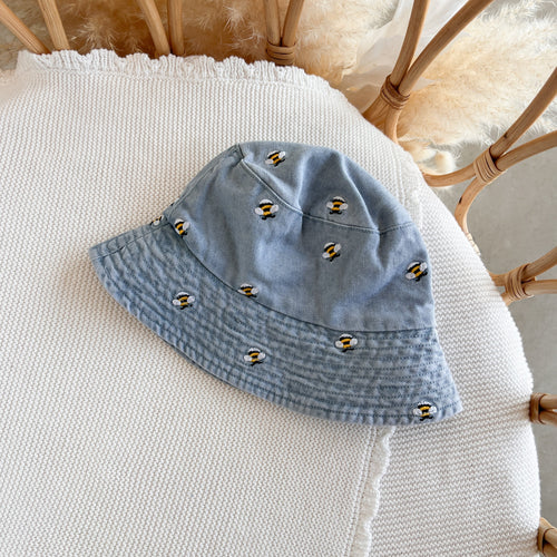 Denim Bee Bucket Hat - Blue