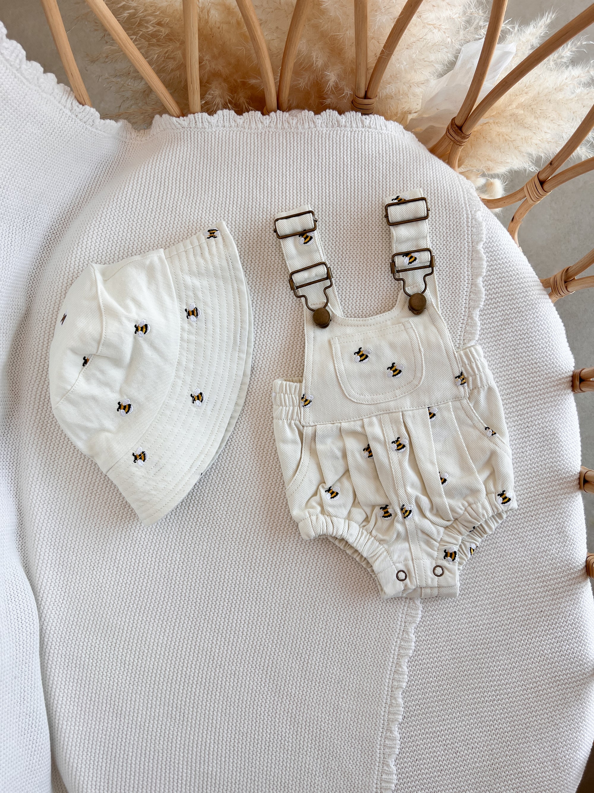 Denim Bee Overall Romper - Cream
