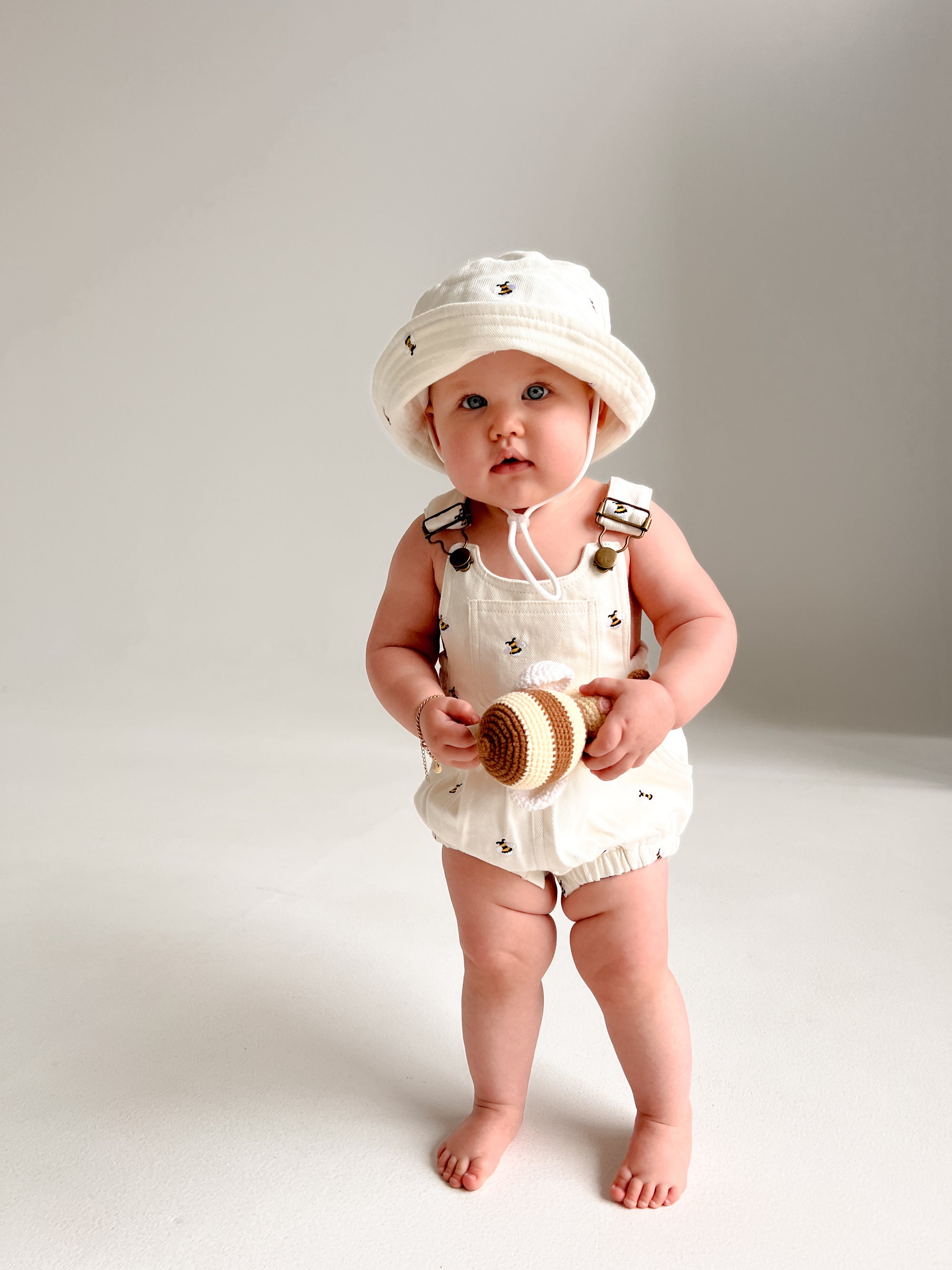 Denim Bee Overall Romper - Cream