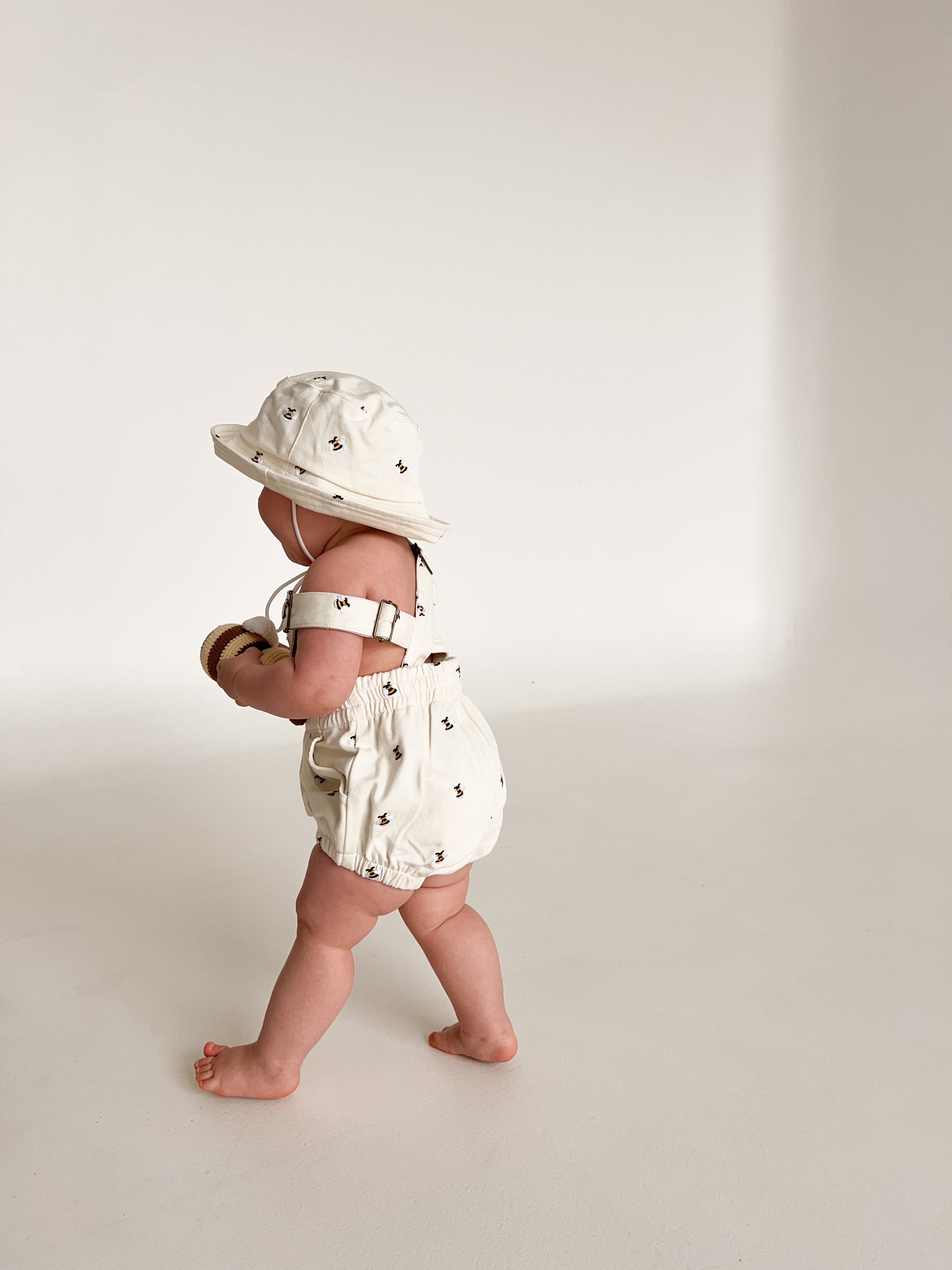 Denim Bee Overall Romper - Cream