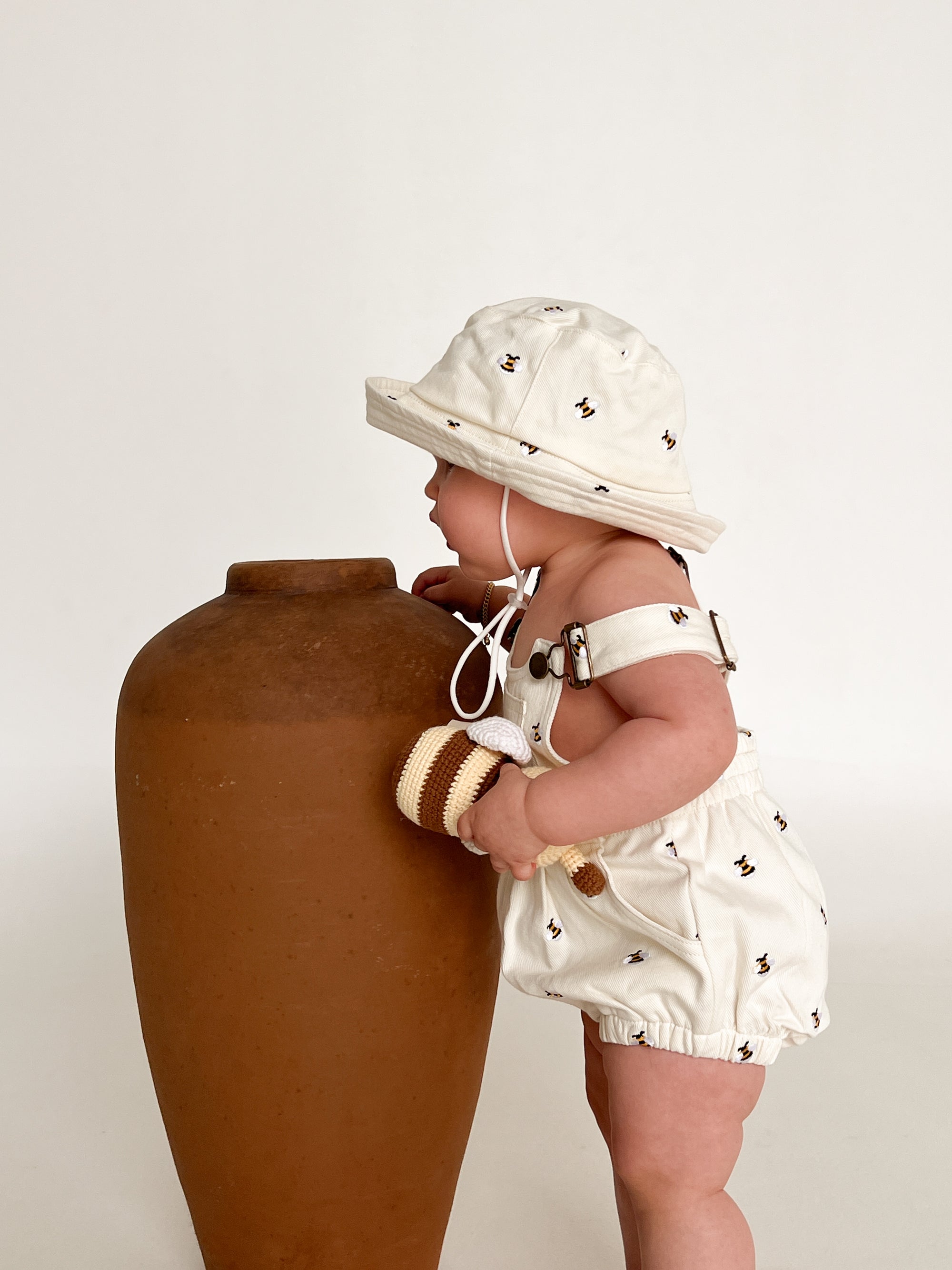Denim Bee Overall Romper - Cream