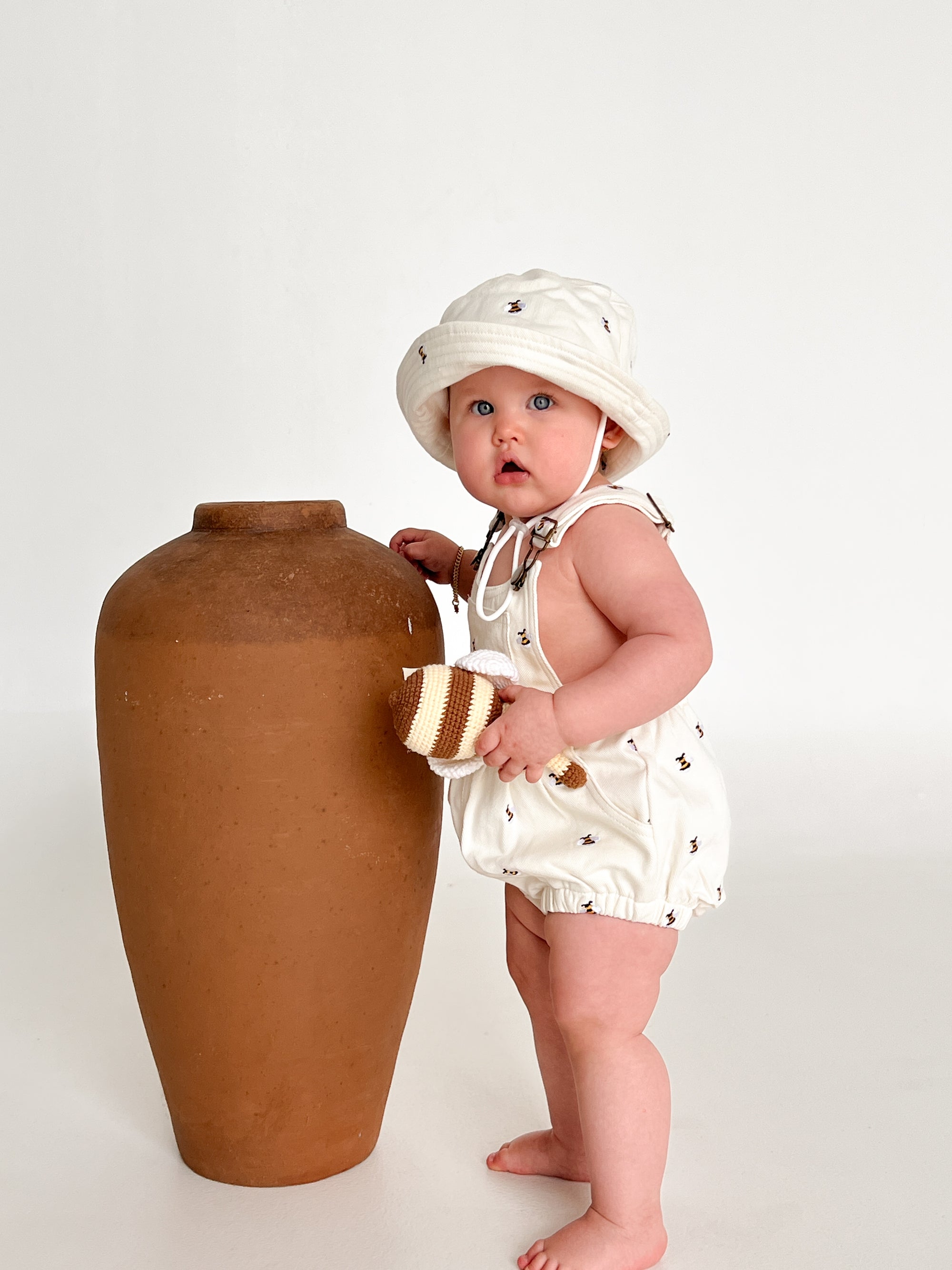 Denim Bee Overall Romper - Cream