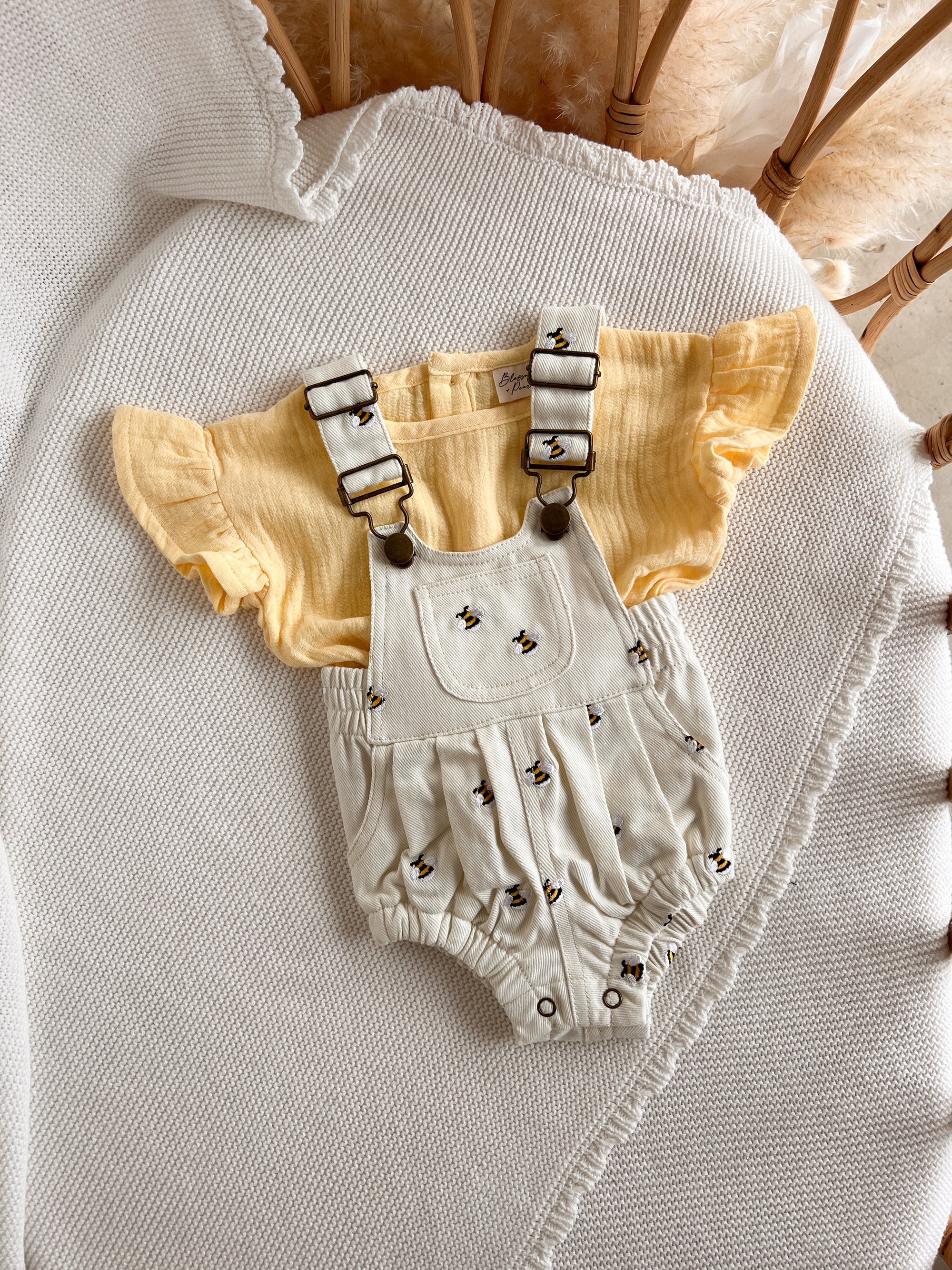 Denim Bee Overall Romper - Cream