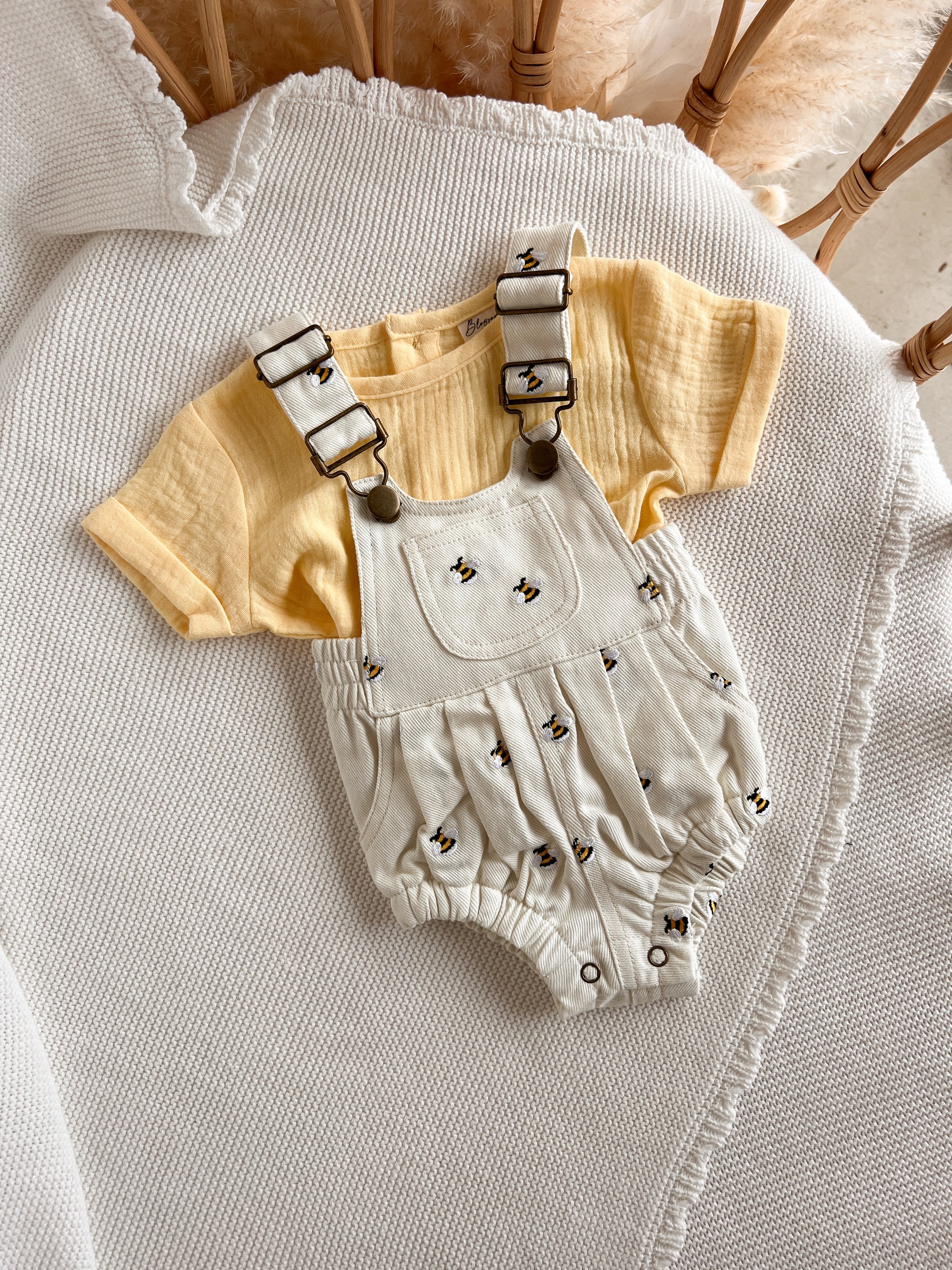 Denim Bee Overall Romper - Cream