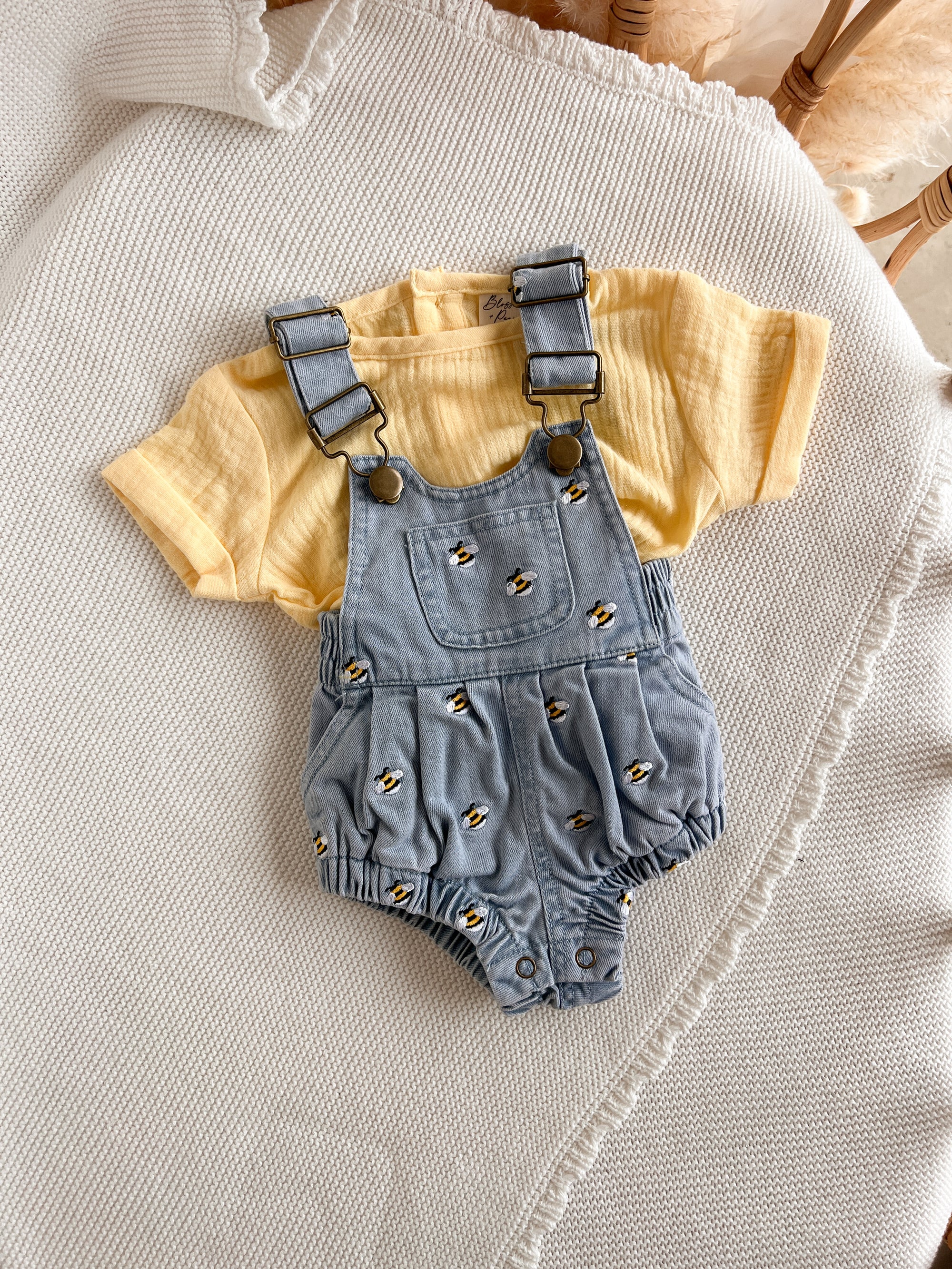 Denim Bee Overall Romper - Blue