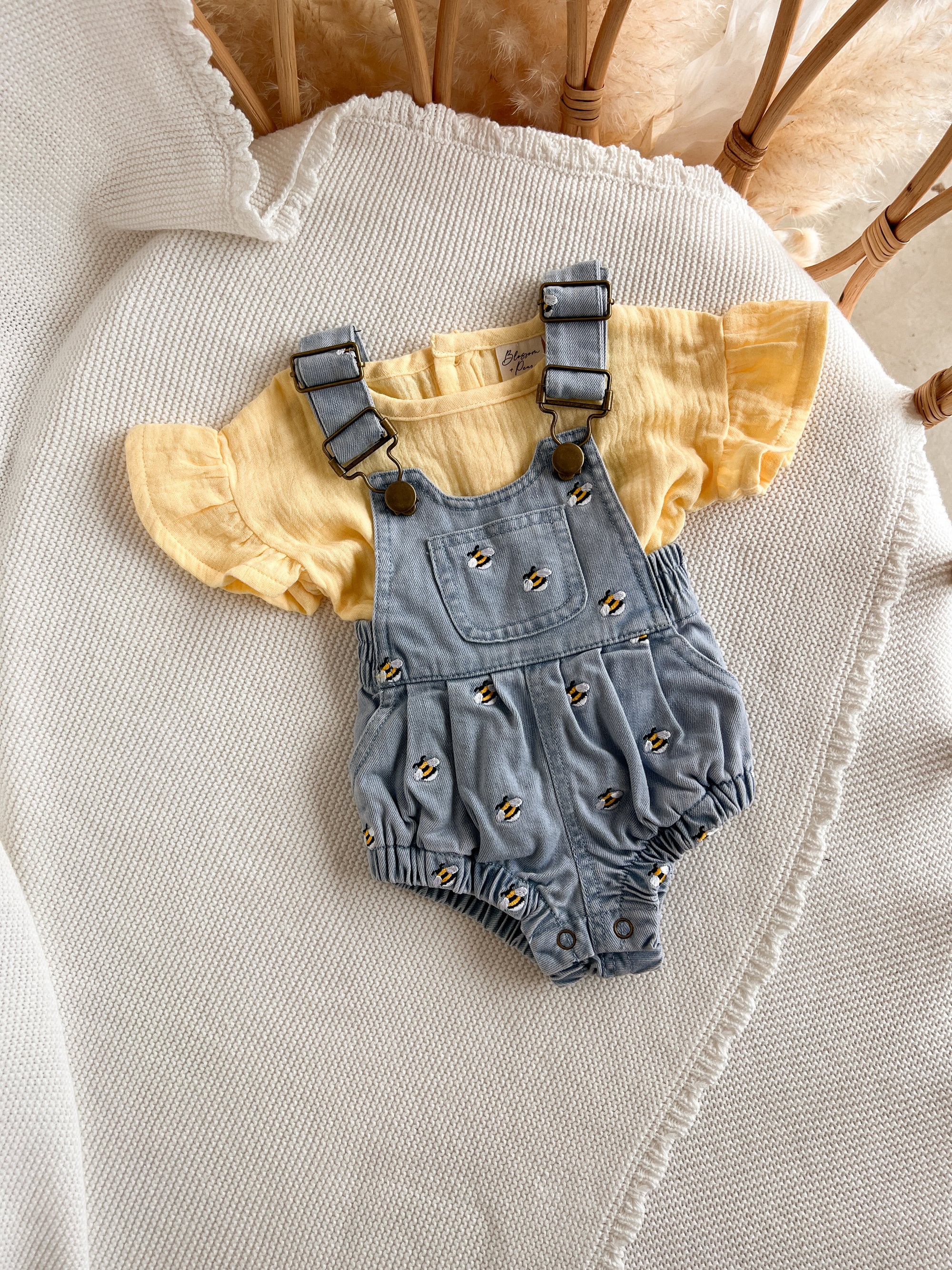 Denim Bee Overall Romper - Blue