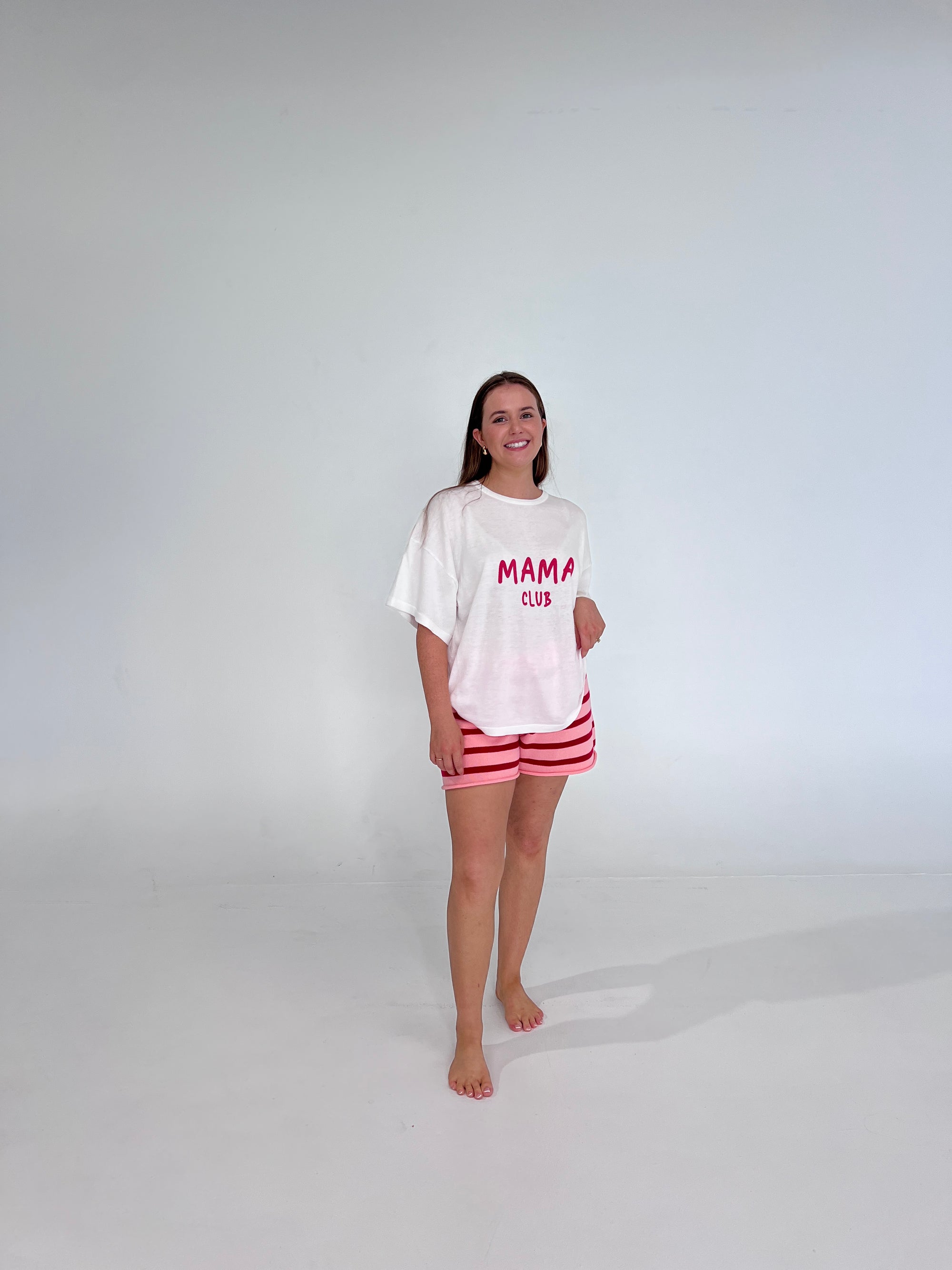Ladies Knit Stripe Shorts - Pink &amp; Red